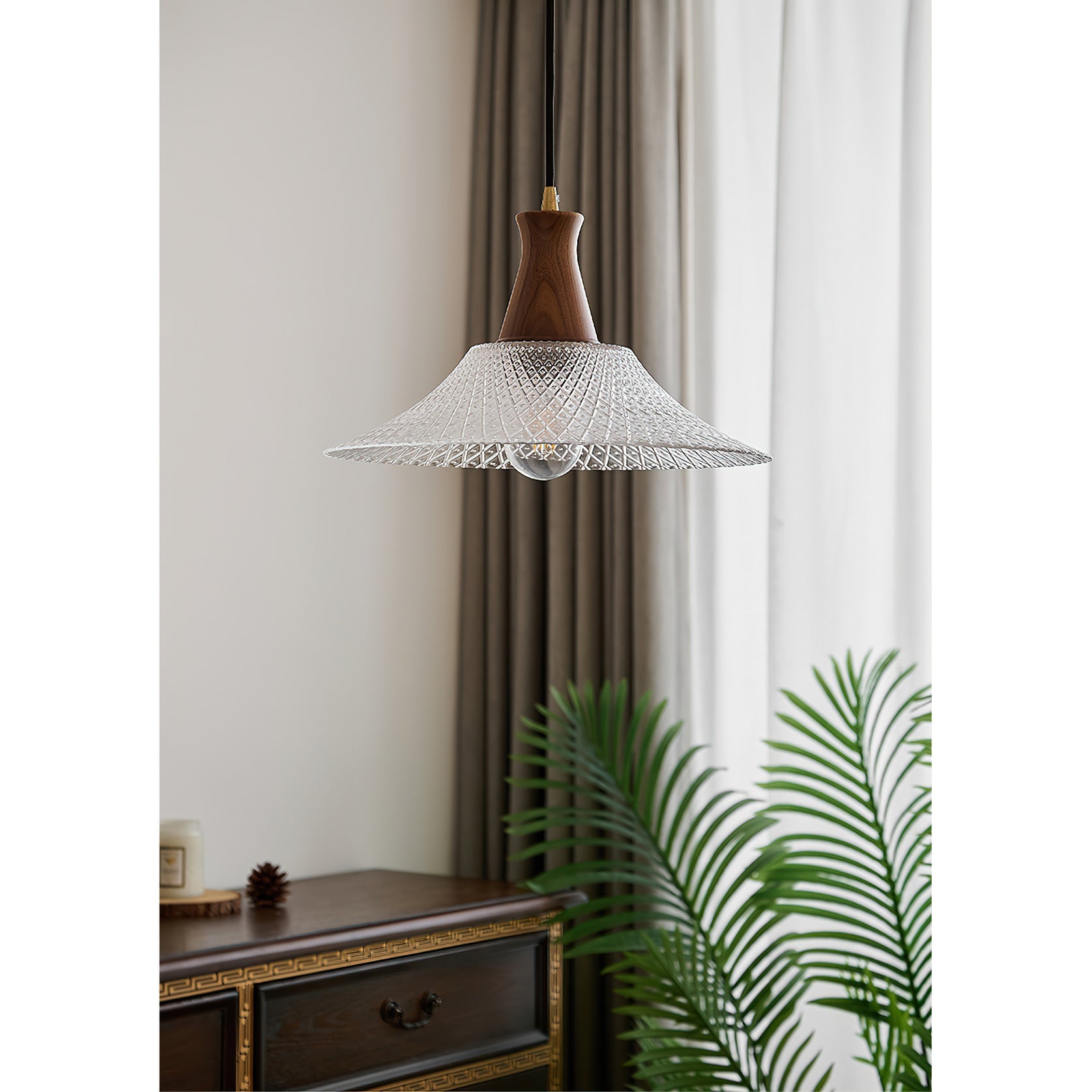 Textured Glass Pendant with Vintage Wood Cap