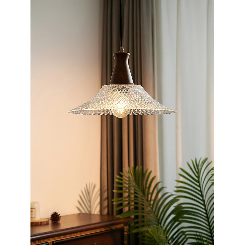 Textured Glass Pendant with Vintage Wood Cap