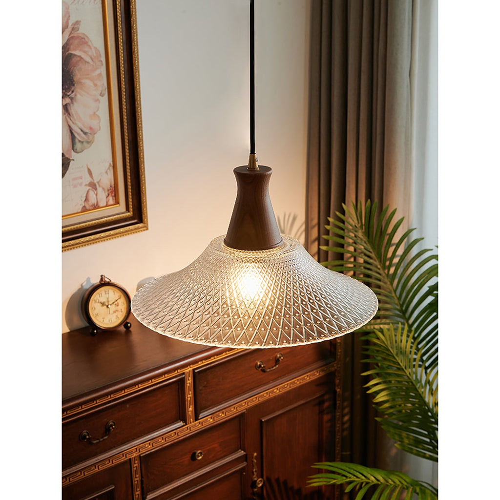 Textured Glass Pendant with Vintage Wood Cap