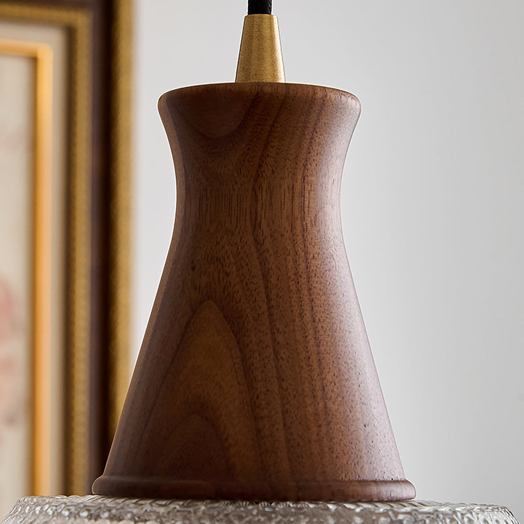 Textured Glass Pendant with Vintage Wood Cap