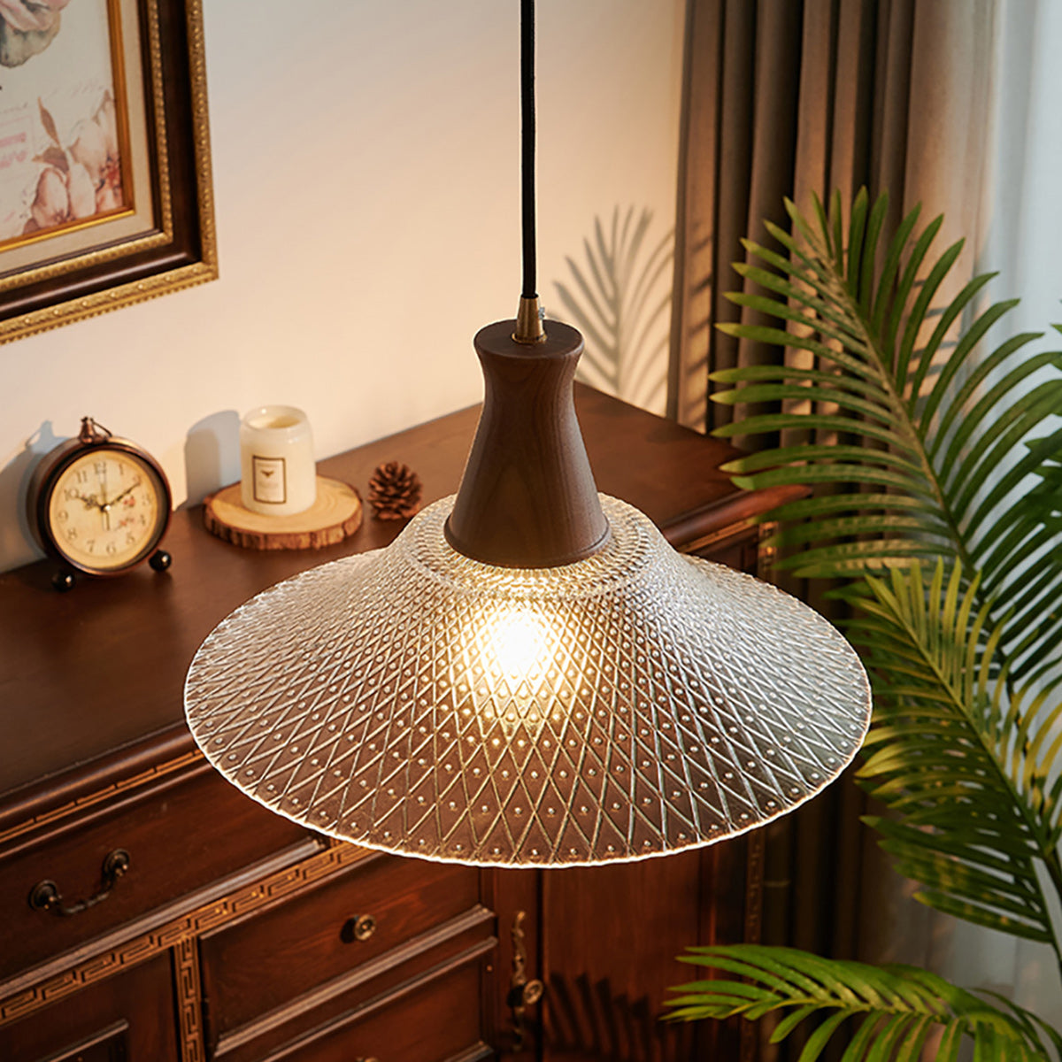Textured Glass Pendant with Vintage Wood Cap
