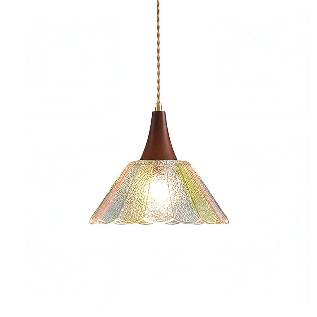 Scalloped Iridescent Glass Pendant with Wood Cap