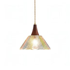 Scalloped Iridescent Glass Pendant with Wood Cap