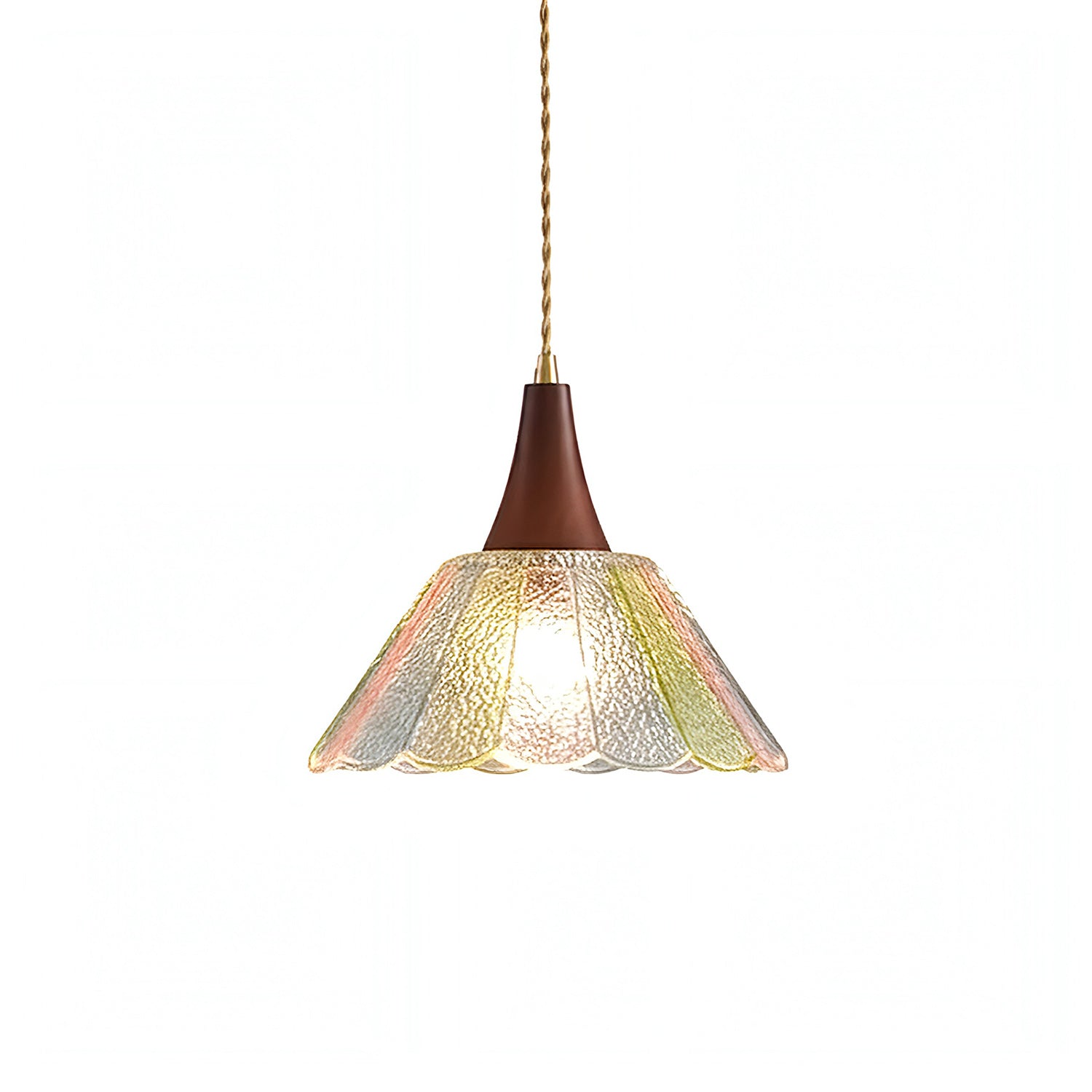 Scalloped Iridescent Glass Pendant with Wood Cap