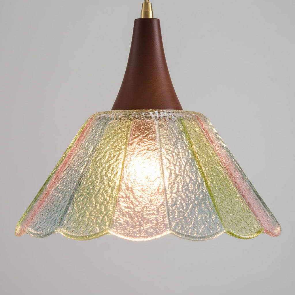 Scalloped Iridescent Glass Pendant with Wood Cap