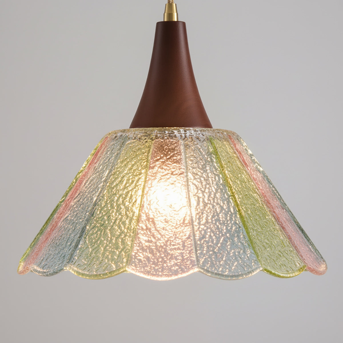 Scalloped Iridescent Glass Pendant with Wood Cap