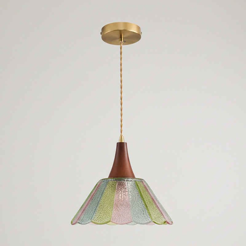 Scalloped Iridescent Glass Pendant with Wood Cap