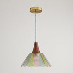 Scalloped Iridescent Glass Pendant with Wood Cap