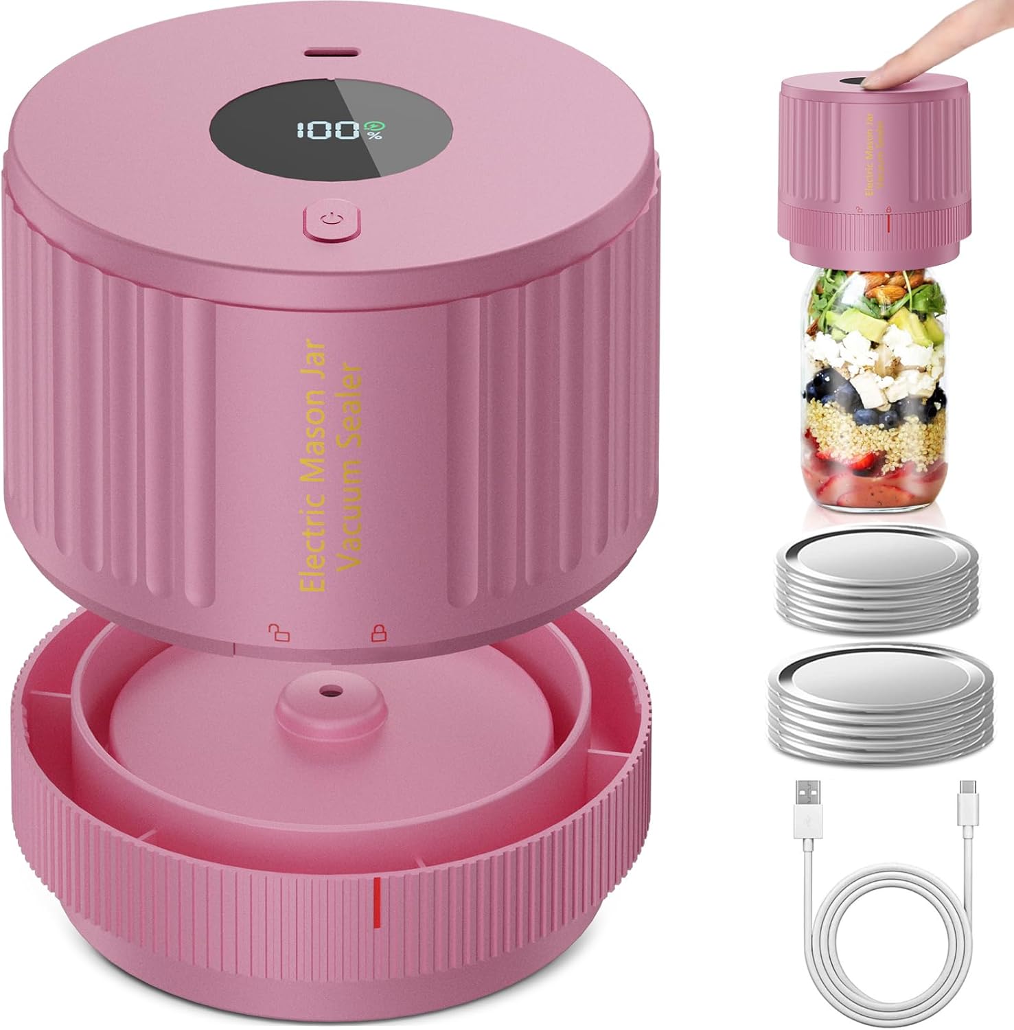 Electric Mason Jar Vacuum Sealer One Button Compatible with Wide and Regular Jars