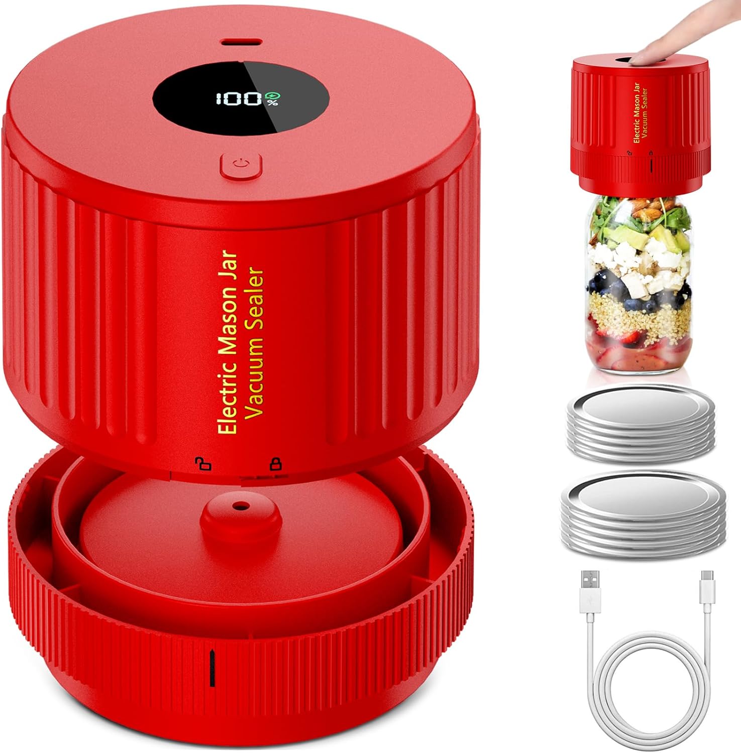 Electric Mason Jar Vacuum Sealer One Button Compatible with Wide and Regular Jars