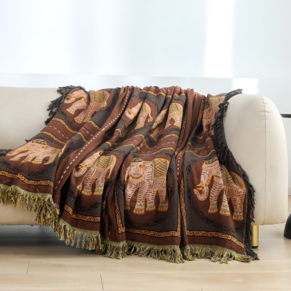 ElephantHouse: Summer Cotton Blanket with Boho Design, Elephant Motif & Decorative Tassels – for Sofa & Bedroom
