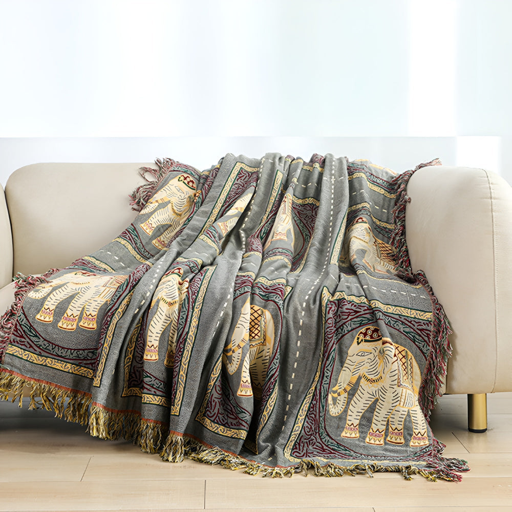 ElephantHouse: Summer Cotton Blanket with Boho Design, Elephant Motif & Decorative Tassels – for Sofa & Bedroom