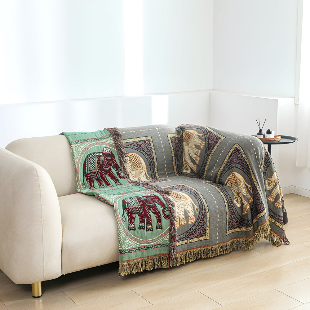 ElephantHouse: Summer Cotton Blanket with Boho Design, Elephant Motif & Decorative Tassels – for Sofa & Bedroom