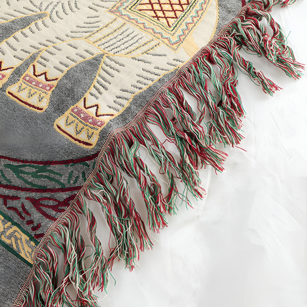ElephantHouse: Summer Cotton Blanket with Boho Design, Elephant Motif & Decorative Tassels – for Sofa & Bedroom