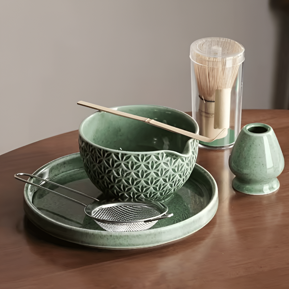 Kazumiya – Green Ceramic Matcha Tea Set 5 6 Piece with Bamboo Accessories