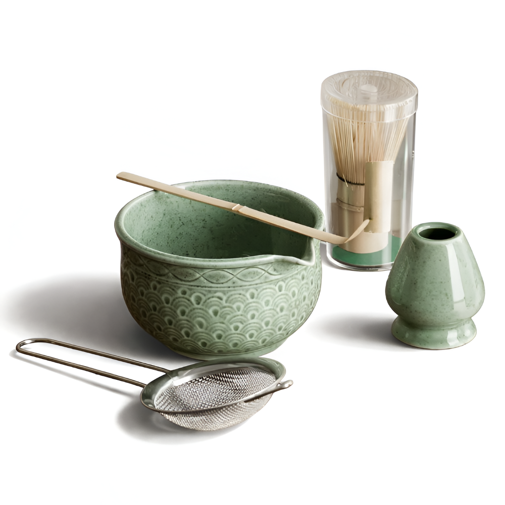 Kazumiya – Green Ceramic Matcha Tea Set 5 6 Piece with Bamboo Accessories