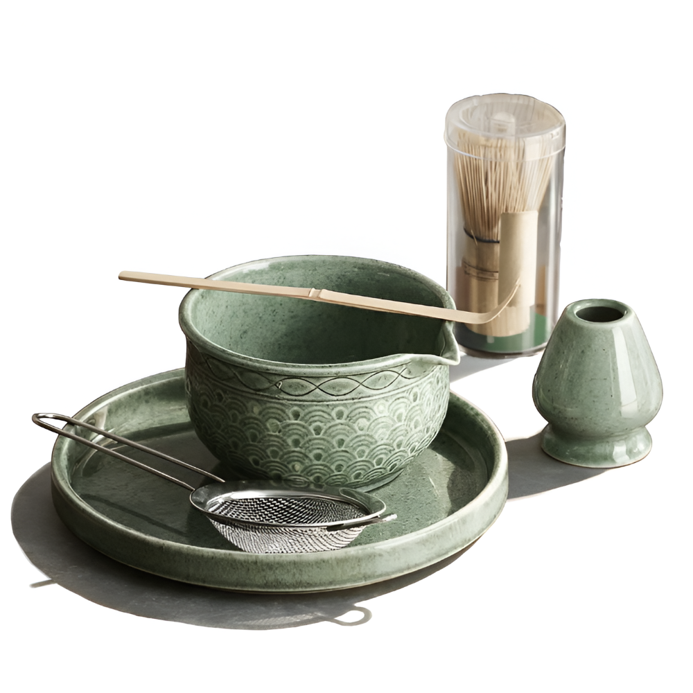Kazumiya – Green Ceramic Matcha Tea Set 5 6 Piece with Bamboo Accessories