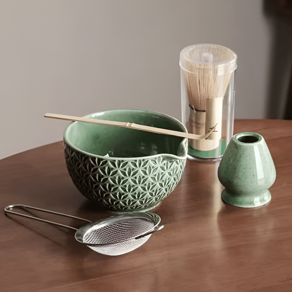 Kazumiya – Green Ceramic Matcha Tea Set 5 6 Piece with Bamboo Accessories
