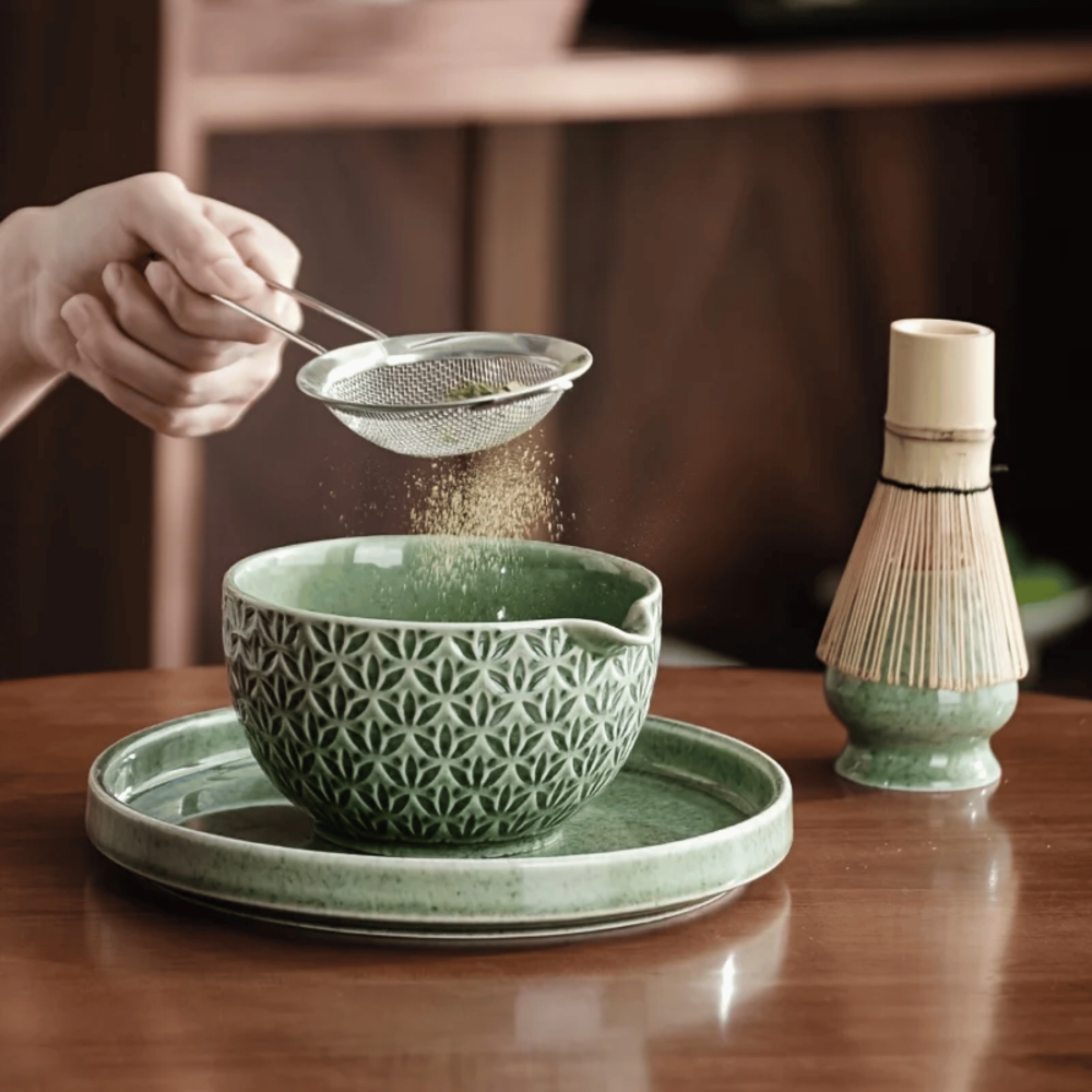 Kazumiya – Green Ceramic Matcha Tea Set 5 6 Piece with Bamboo Accessories