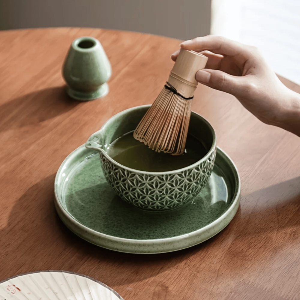 Kazumiya – Green Ceramic Matcha Tea Set 5 6 Piece with Bamboo Accessories