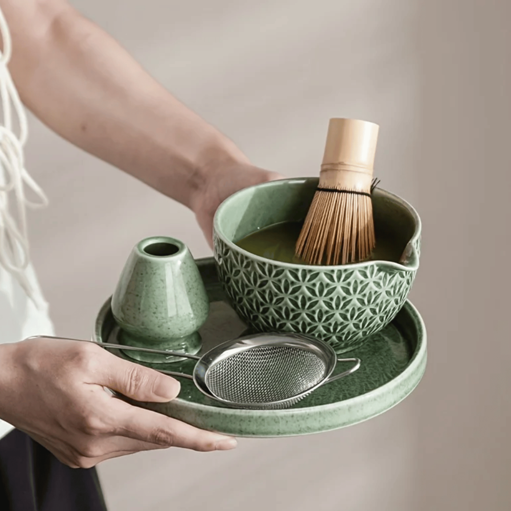 Kazumiya – Green Ceramic Matcha Tea Set 5 6 Piece with Bamboo Accessories