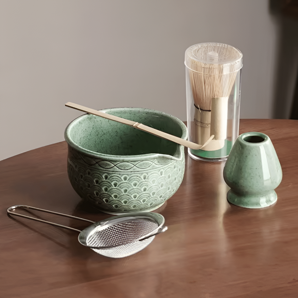 Kazumiya – Green Ceramic Matcha Tea Set 5 6 Piece with Bamboo Accessories