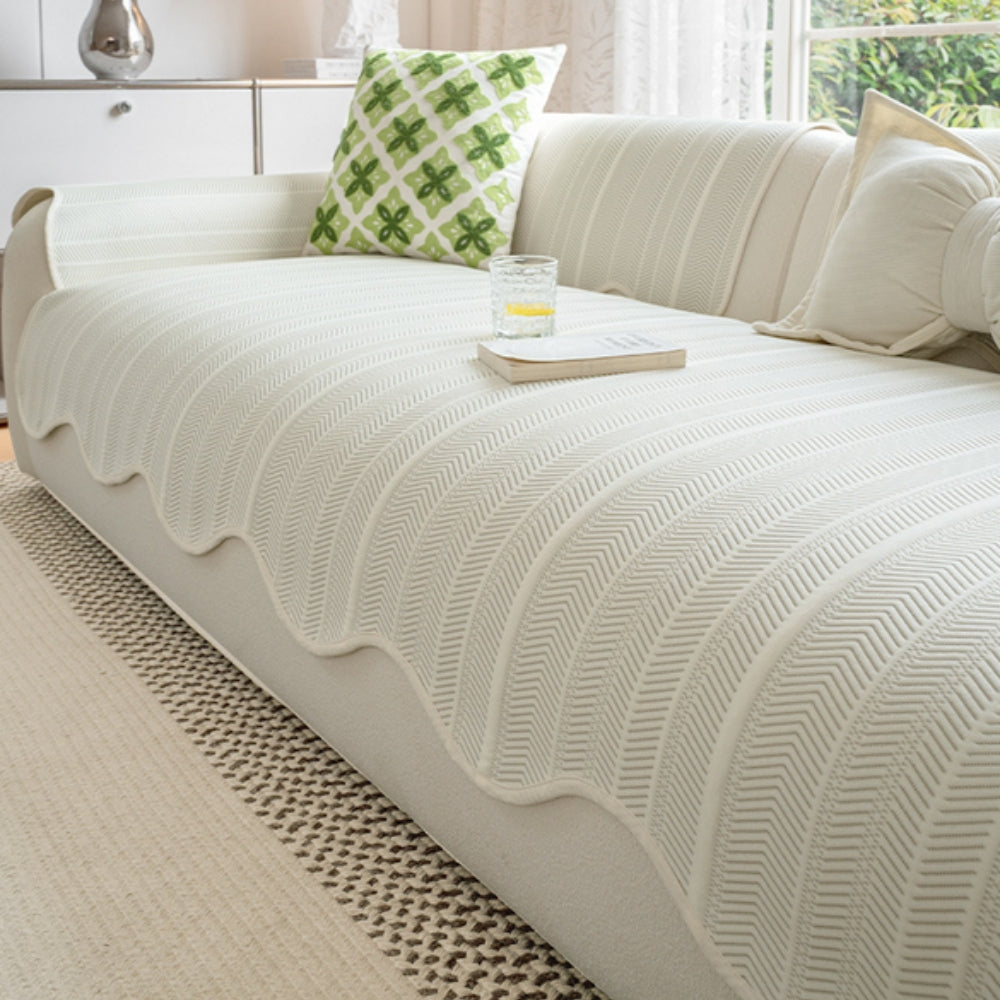 Elegant Herringbone Sofa Cover with Scallop Edge – Soft Microfiber Blend Slipcover Couch Protector for Stylish Home Decor