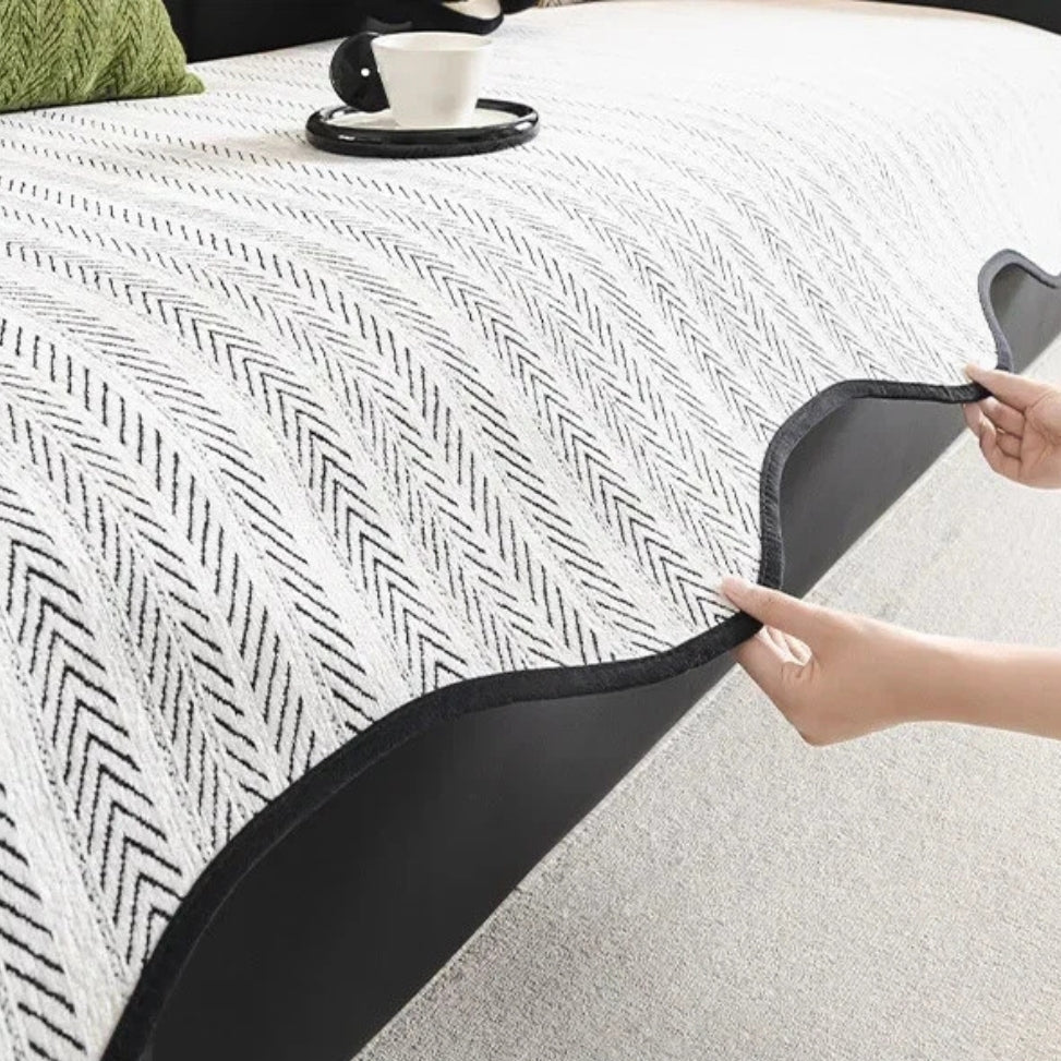 Elegant Herringbone Sofa Cover with Scallop Edge – Soft Microfiber Blend Slipcover Couch Protector for Stylish Home Decor