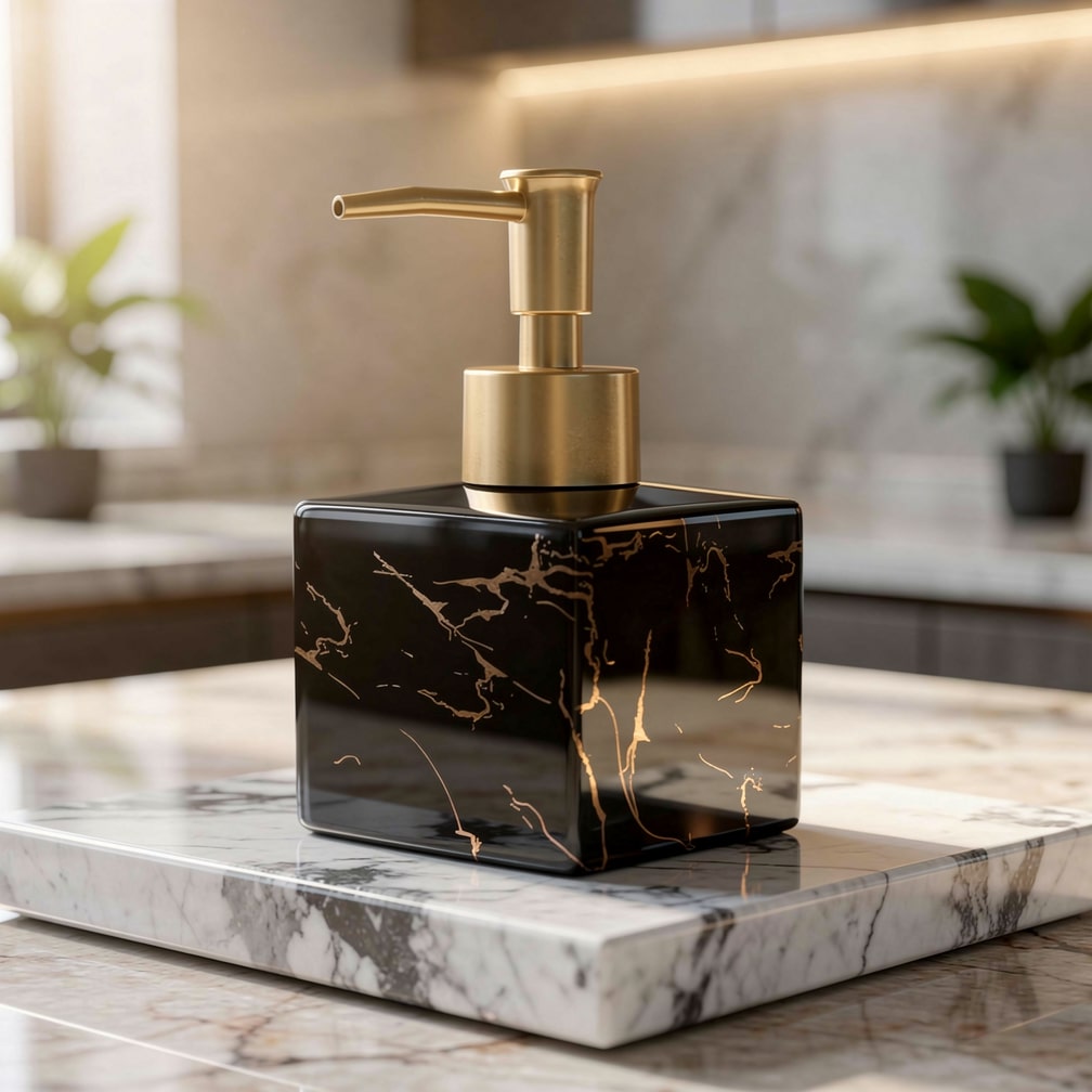 Ceramic Soap Dispenser Marble Finish Gold Pump Countertop
