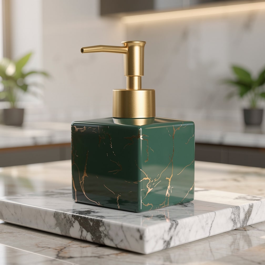 Ceramic Soap Dispenser Marble Finish Gold Pump Countertop