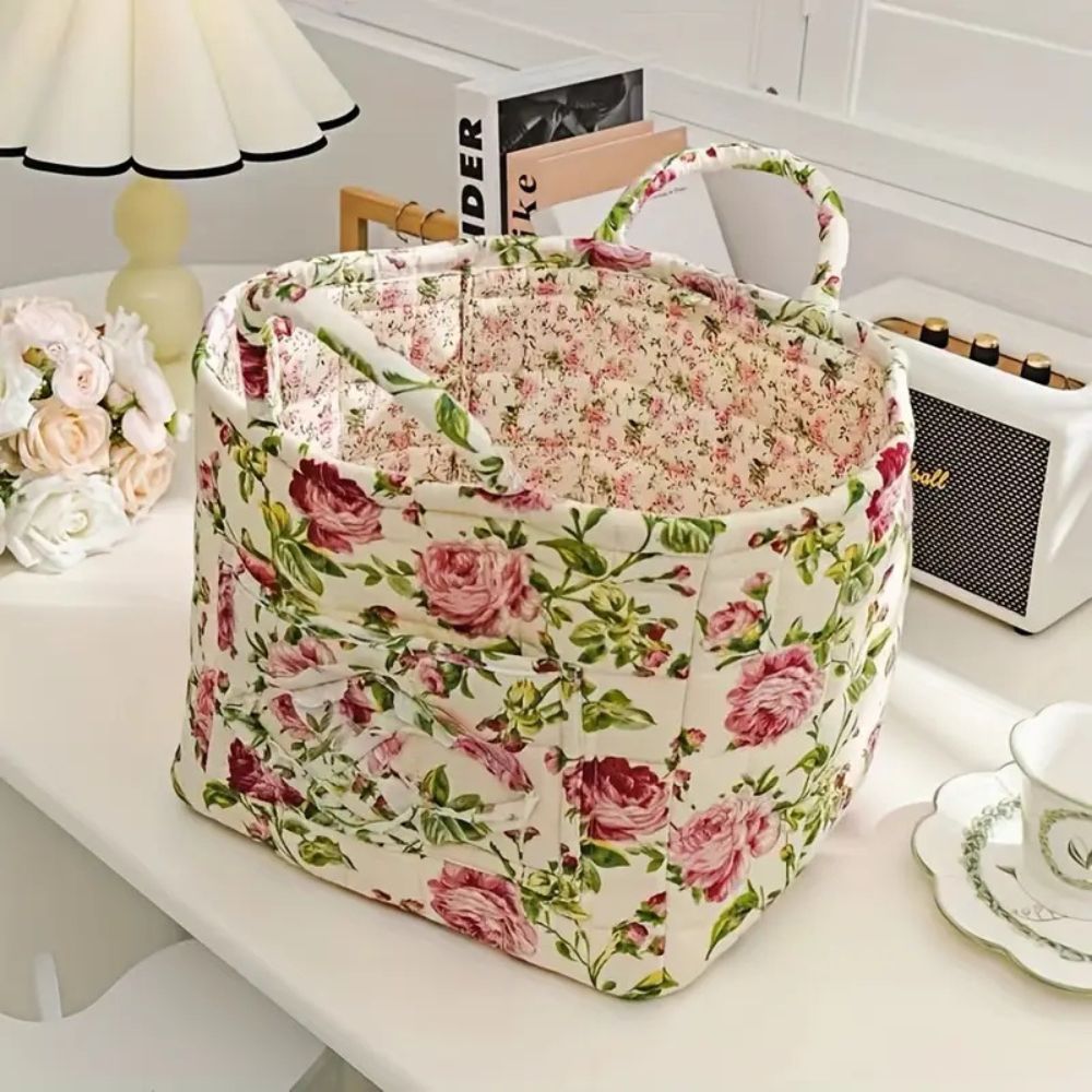 Elegance Basket: Canvas Storage Basket with Delicate Floral Pattern – Lightweight, Durable & Versatile for Shoes & Laundry