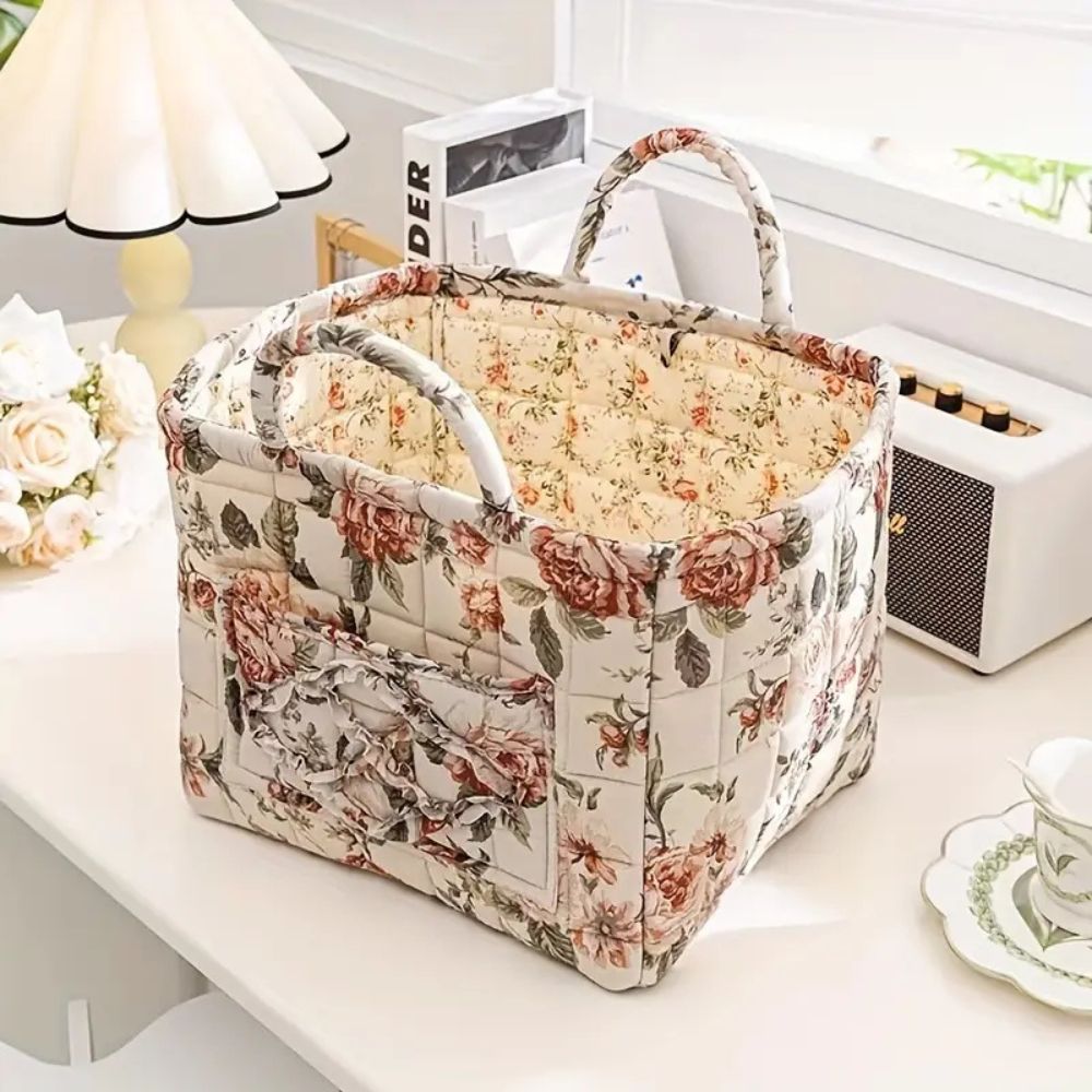 Elegance Basket: Canvas Storage Basket with Delicate Floral Pattern – Lightweight, Durable & Versatile for Shoes & Laundry