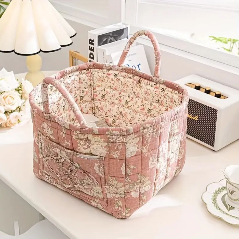 Elegance Basket: Canvas Storage Basket with Delicate Floral Pattern – Lightweight, Durable & Versatile for Shoes & Laundry
