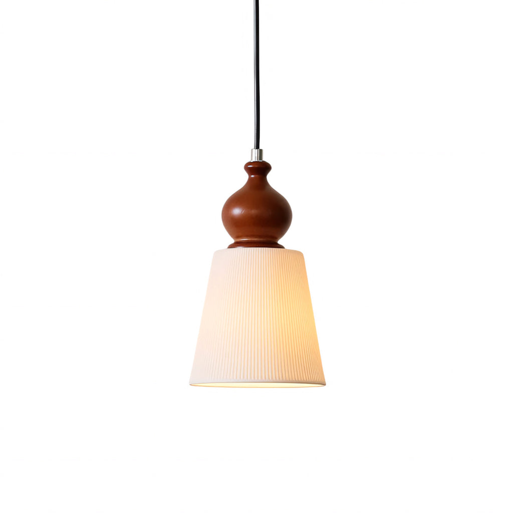 Fluted Ceramic Cone Pendant Light with Wood Cap