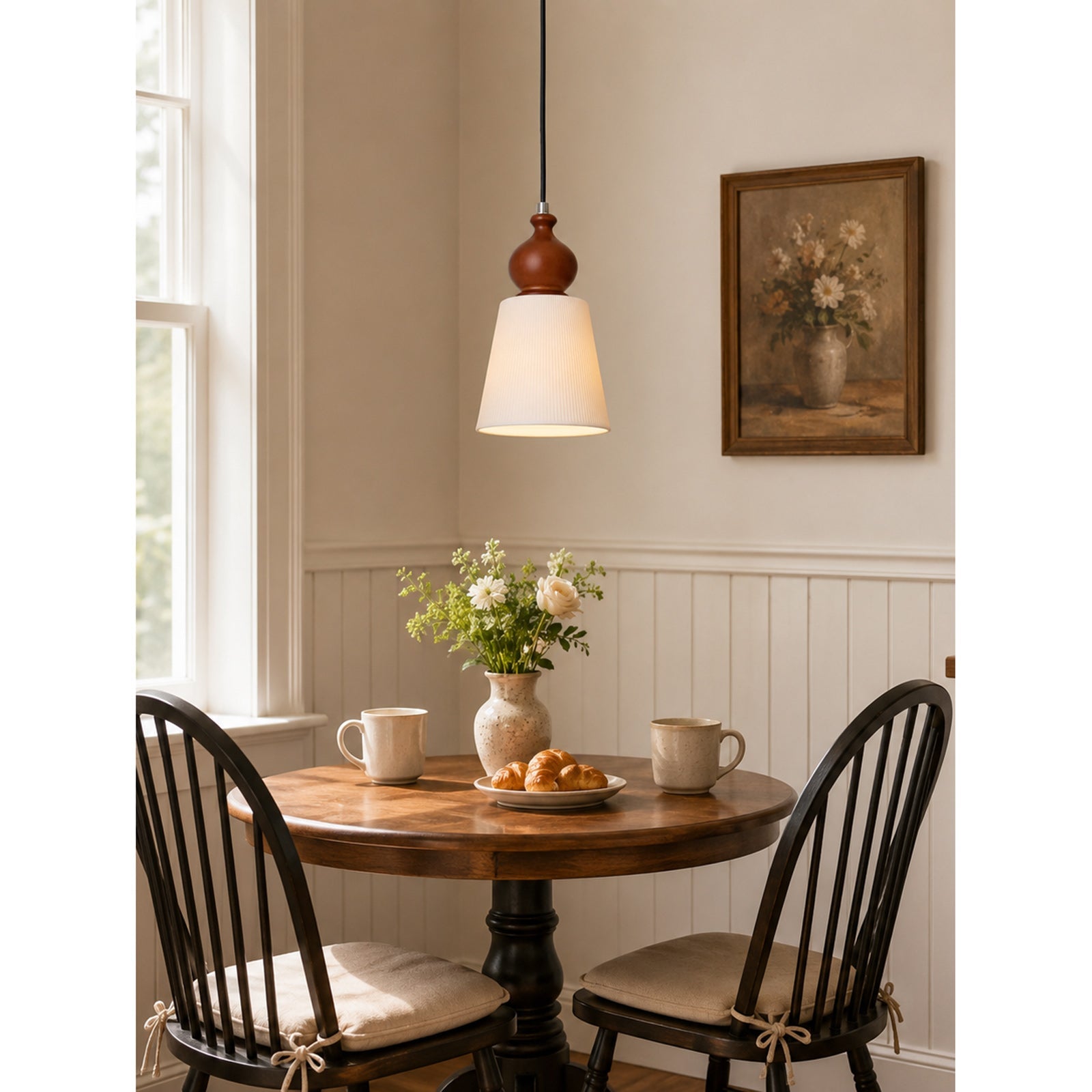 Fluted Ceramic Cone Pendant Light with Wood Cap