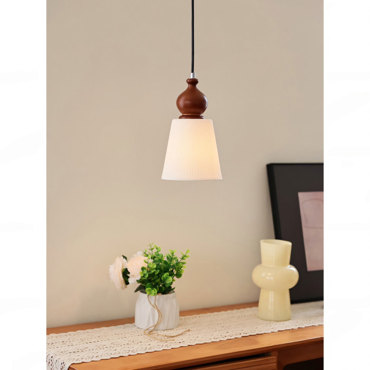 Fluted Ceramic Cone Pendant Light with Wood Cap