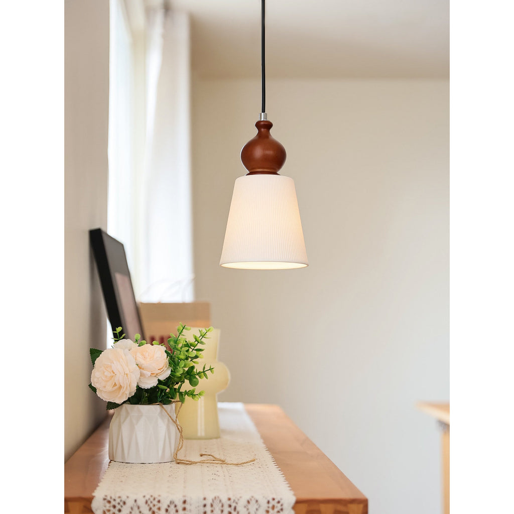 Fluted Ceramic Cone Pendant Light with Wood Cap
