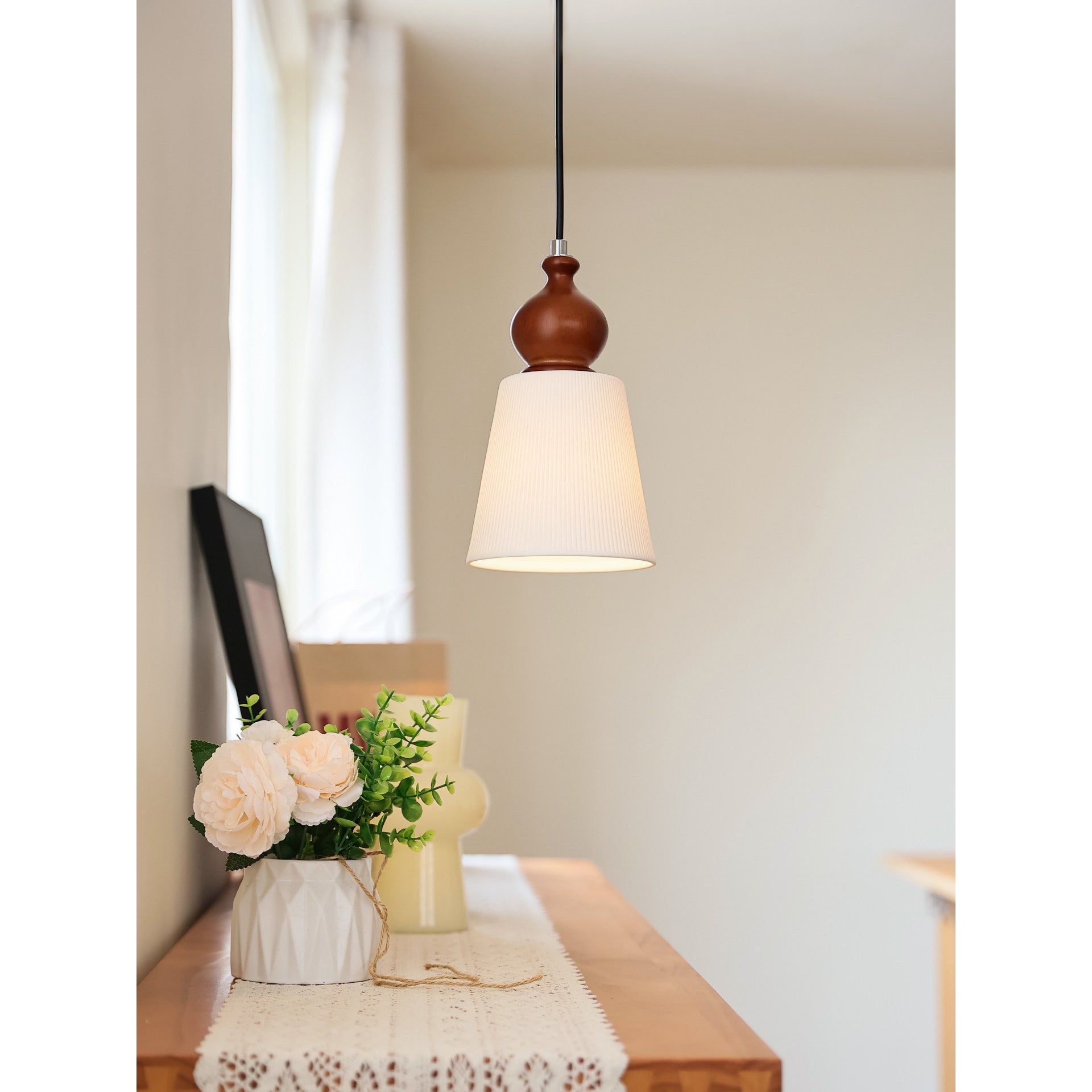 Fluted Ceramic Cone Pendant Light with Wood Cap
