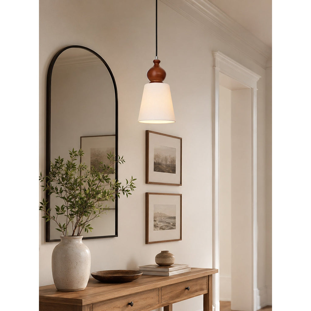 Fluted Ceramic Cone Pendant Light with Wood Cap