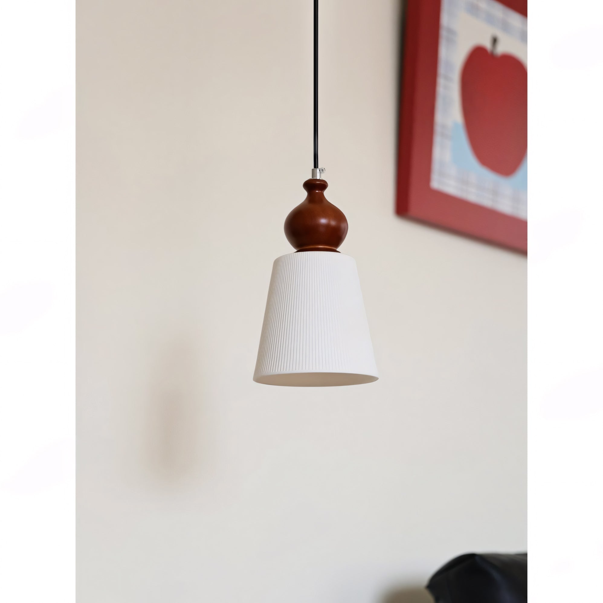 Fluted Ceramic Cone Pendant Light with Wood Cap