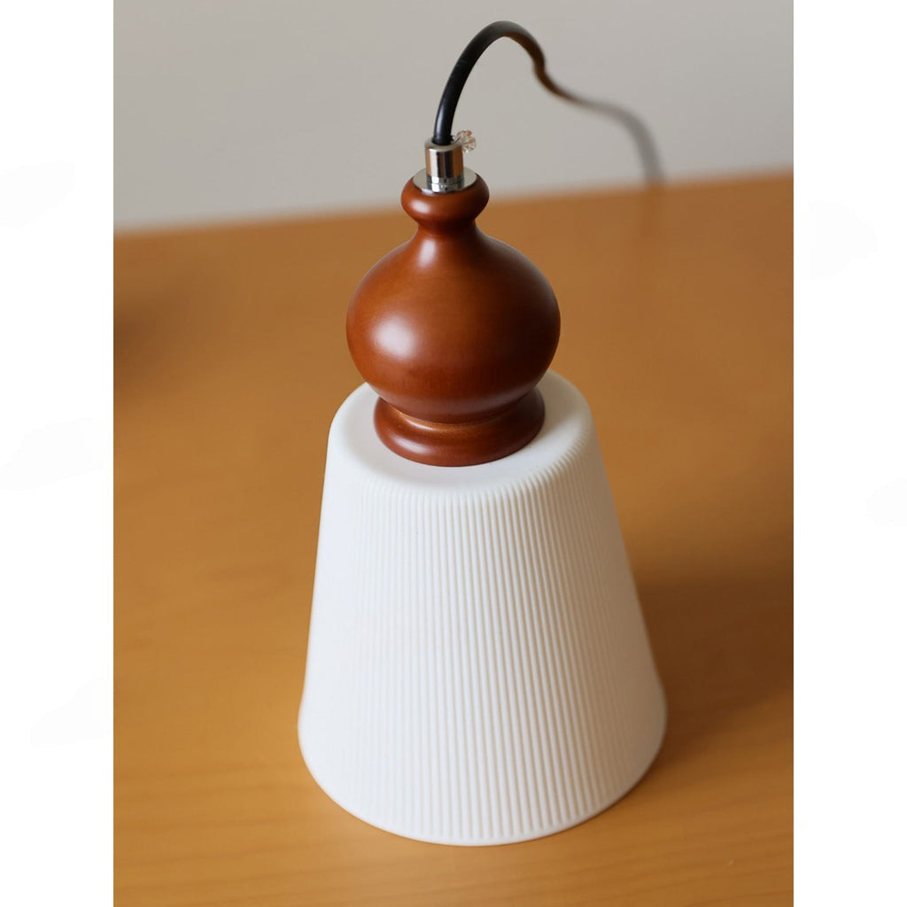 Fluted Ceramic Cone Pendant Light with Wood Cap