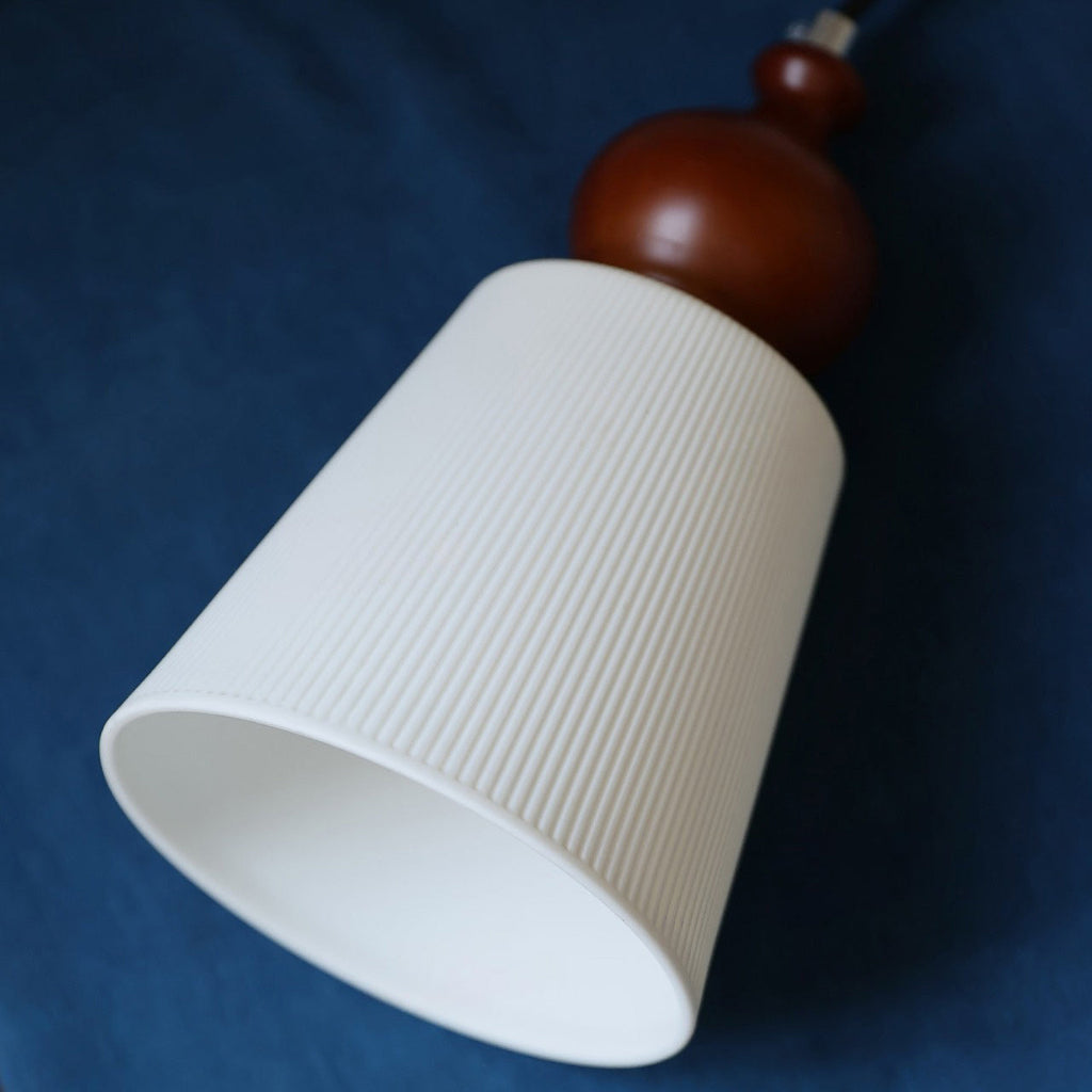 Fluted Ceramic Cone Pendant Light with Wood Cap