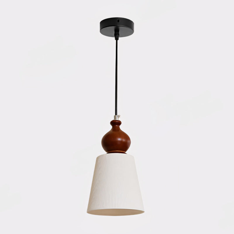 Fluted Ceramic Cone Pendant Light with Wood Cap