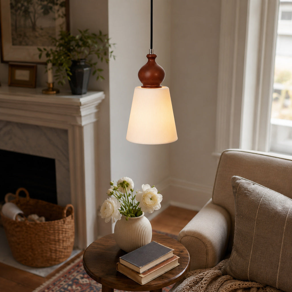 Fluted Ceramic Cone Pendant Light with Wood Cap