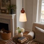 Fluted Ceramic Cone Pendant Light with Wood Cap
