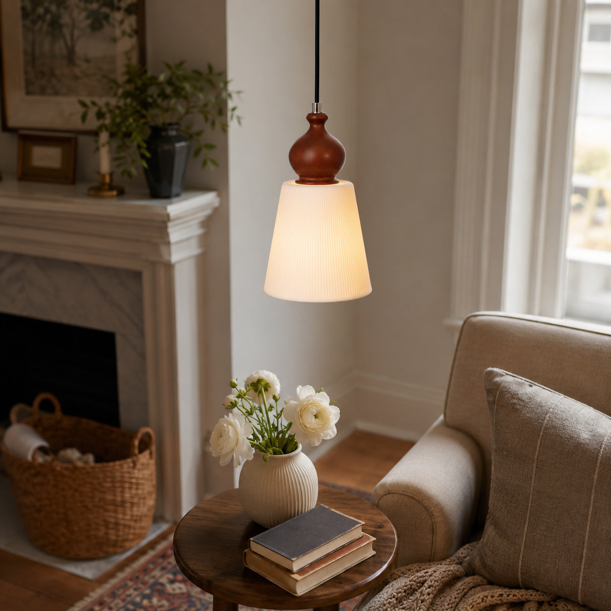 Fluted Ceramic Cone Pendant Light with Wood Cap