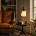 Fluted Ceramic Cone Pendant Light with Wood Cap