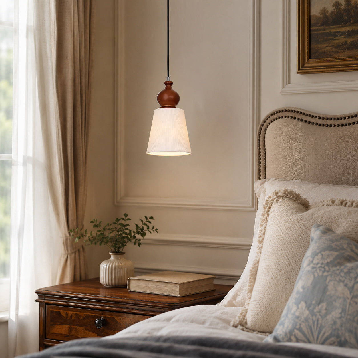 Fluted Ceramic Cone Pendant Light with Wood Cap