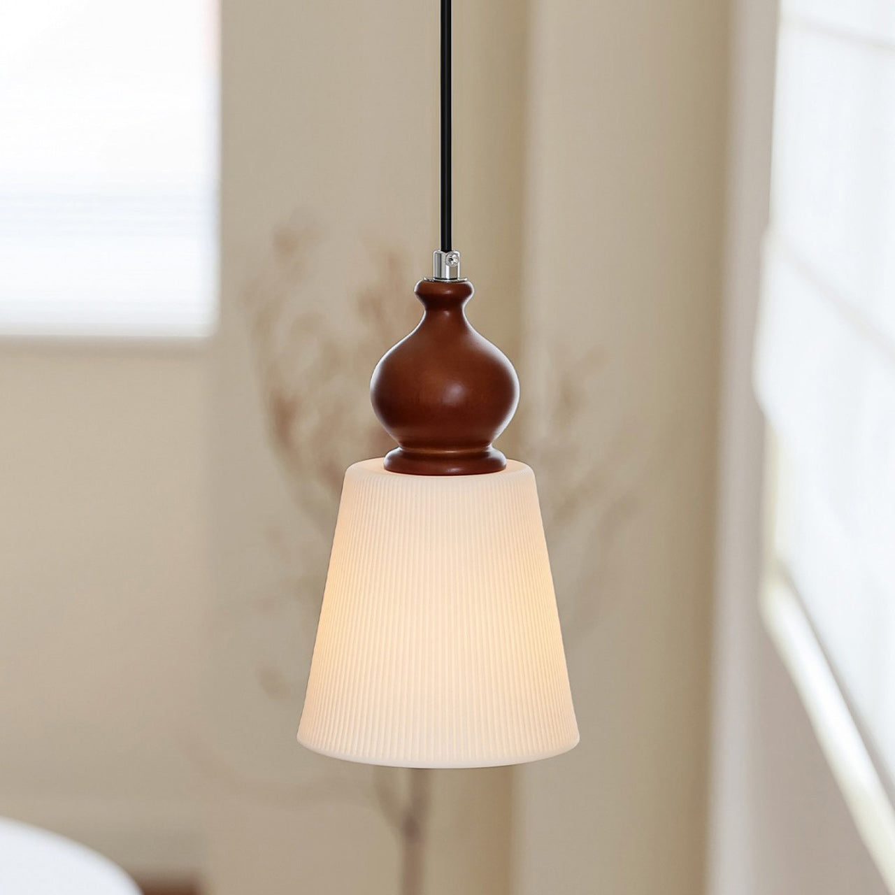Fluted Ceramic Cone Pendant Light with Wood Cap