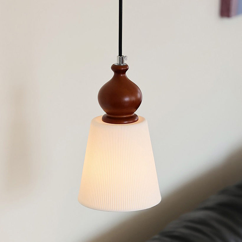 Fluted Ceramic Cone Pendant Light with Wood Cap